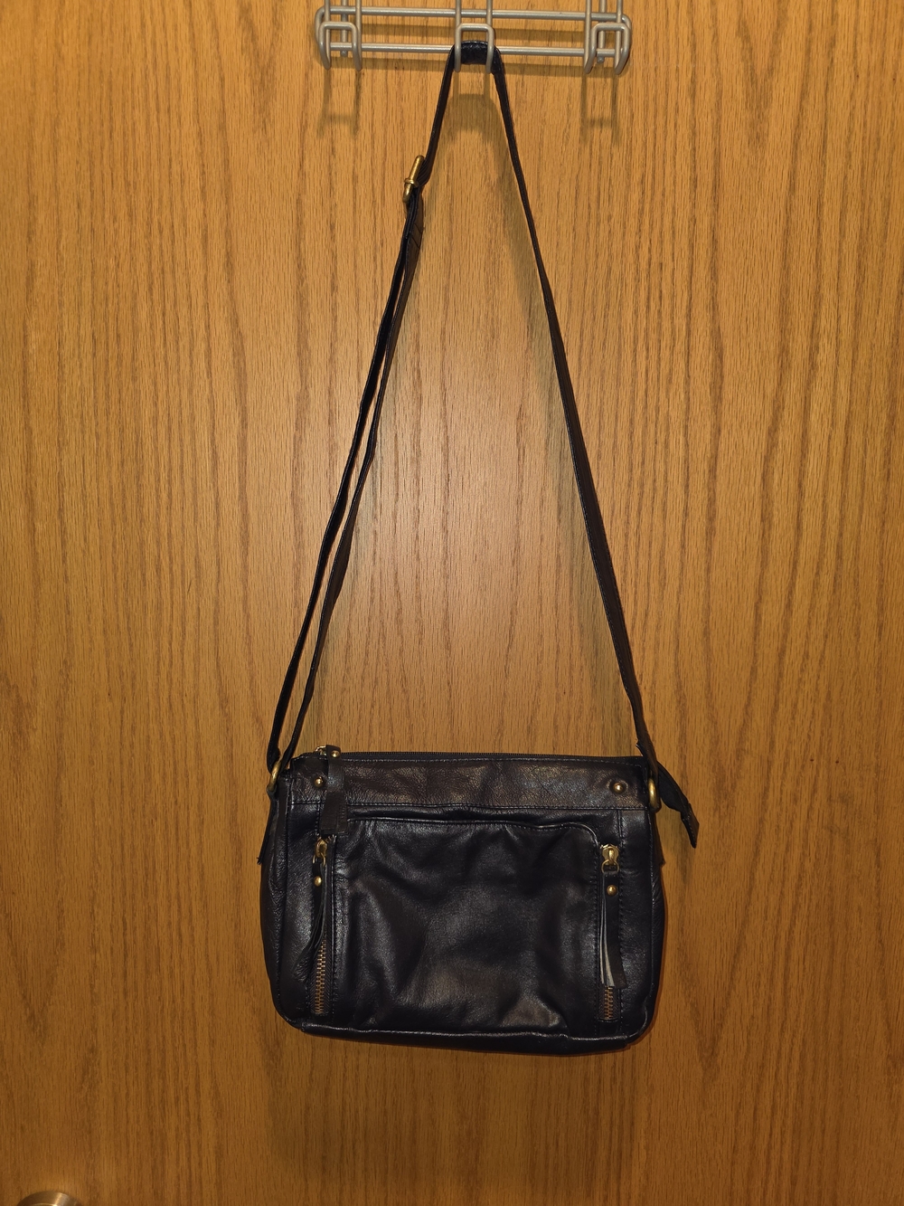 Everyday Deep Navy Leather Crossbody with Front Zip Pockets